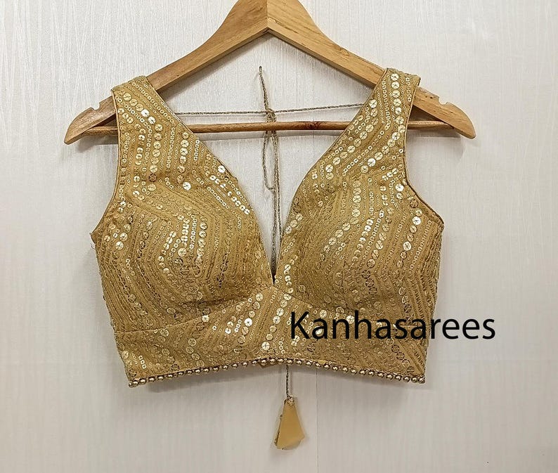 Gold Sequin Georgette Blouse, Custom Size Indian Blouse For Women, Embroidered Saree Top, Festive Wear, Wedding Guest Outfit, Gift Idea image 10