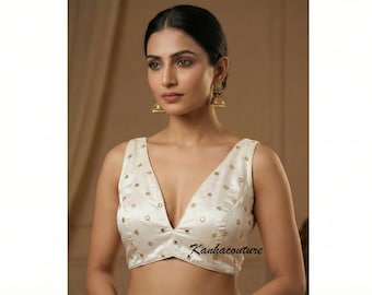 Ivory Mirror Work Blouse with Deep V Neck and Dori Tie Back
