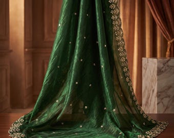 Dupatta de seda organza verde esmeralda / Chal con borde festoneado / Chunni nupcial indio / Chal bordado con zari / Estola de boda pakistaní