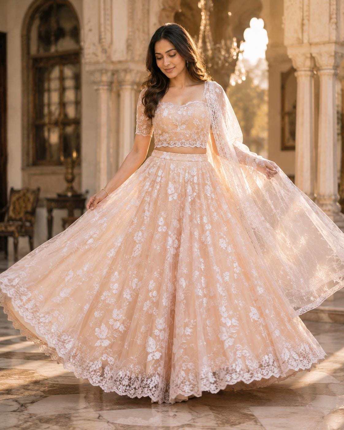 peach and gold indian wedding dress Lehenga Choli With 4 Meter Flare | Guest | Floral Lace Embroidery | Champagne Bridesmaid Outfit | Net Lehenga Set MAXI