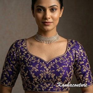 Purple Silk Embroidered Blouse Gold Thread Bridal Saree Choli Back Cutout