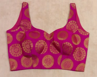 Magenta Pink Brocade Saree Blouse with Sweetheart Neckline | Custom Size Padded Zari Choli for Bridal, Festive, Ethnic Wedding Partywear