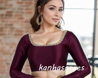 Readymade Saree Blouse Custom Made High Neck Raw Silk Saree Blouse - Long Sleeve Latest Indian Ethnic Wear Custom Crop Top Made to Order