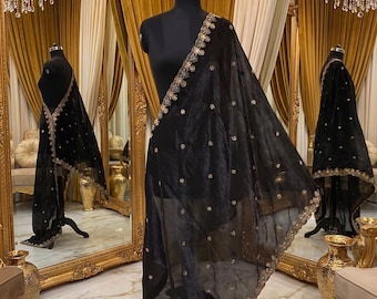Black Fendy Organza Dupatta | Gold Floral Embroidered Scarf | Indian Ethnic Bridal Shawl | Scalloped Edge Dupatta for Lehenga | 2.4 Meter