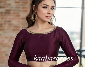 Custom Boat Neck Raw Silk Saree Blouse – Long Sleeve Indian Ethnic Wear Crop Top