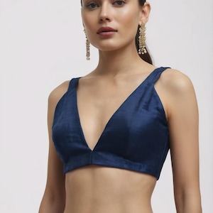 Blue Saree Blouse - Custom Raw Silk Sleeveless Designer Crop Top for Summer Parties & Events