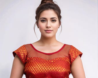 Banarasi Brocade Blouse with Net Sleeves | Indian Saree Blouse for Wedding & Party | Custom Size Ethnic Crop Top for Reception Outfit