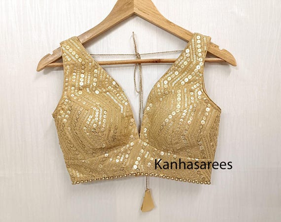 Gold Sequin Georgette Blouse, Custom Size Indian Blouse For Women, Embroidered Saree Top, Festive Wear, Wedding Guest Outfit, Gift Idea