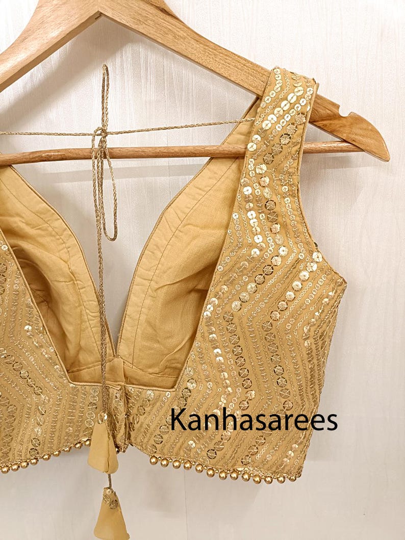 Gold Sequin Georgette Blouse, Custom Size Indian Blouse For Women, Embroidered Saree Top, Festive Wear, Wedding Guest Outfit, Gift Idea image 6