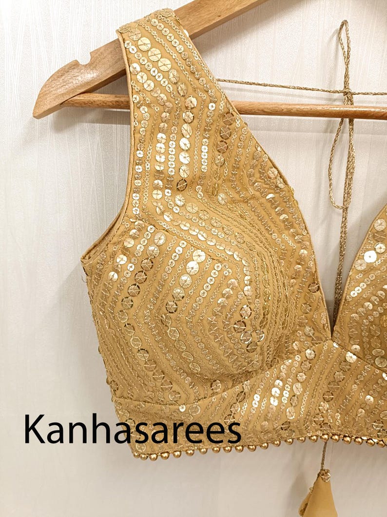 Gold Sequin Georgette Blouse, Custom Size Indian Blouse For Women, Embroidered Saree Top, Festive Wear, Wedding Guest Outfit, Gift Idea image 9
