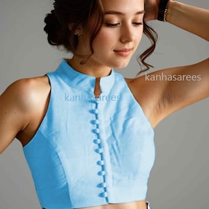 Raw Silk Crop Top Blouse Sleeveless High Neck Ethnic Party Wear Saree Blouse Lehenga Choli Wedding Designer Modern Blouse Made to Order