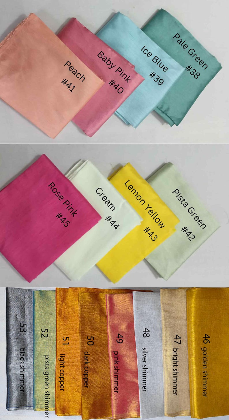 May include: Assortment of fabric swatches in various colors, including peach, baby pink, ice blue, and pale green. Each swatch is labeled with a color name and a number. Additional colors include rose pink, cream, lemon yellow, and pista green.