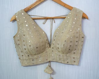 Gold Mirror Work Sleeveless Blouse – Handcrafted Tissue Fabric Choli Top for Lehenga, Saree, Bridal, Festive, and Wedding Guest Looks