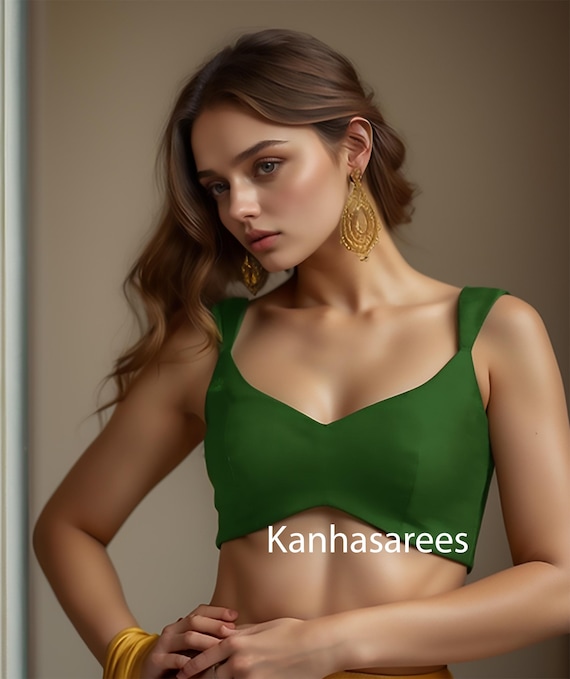 Emerald Green Silk Saree Blouse with Deep Back Tie | Elegant Indian Choli Crop Top for Women | Wedding, Party & Festival Ethnic Wear