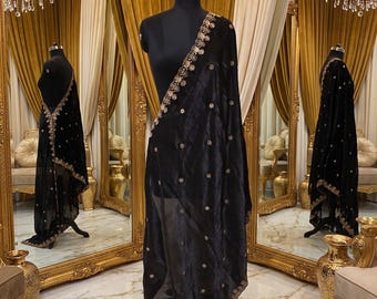 Black Fendy Organza Dupatta | Gold Floral Embroidered Scarf | Indian Ethnic Bridal Shawl | Scalloped Edge Dupatta for Lehenga | 2.4 Meter