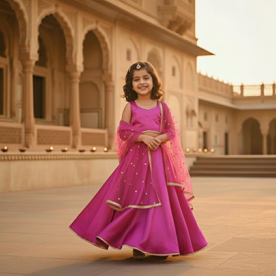 Pink Kids Lehenga Choli with Dupatta for Girls Birthday and Wedding Wear