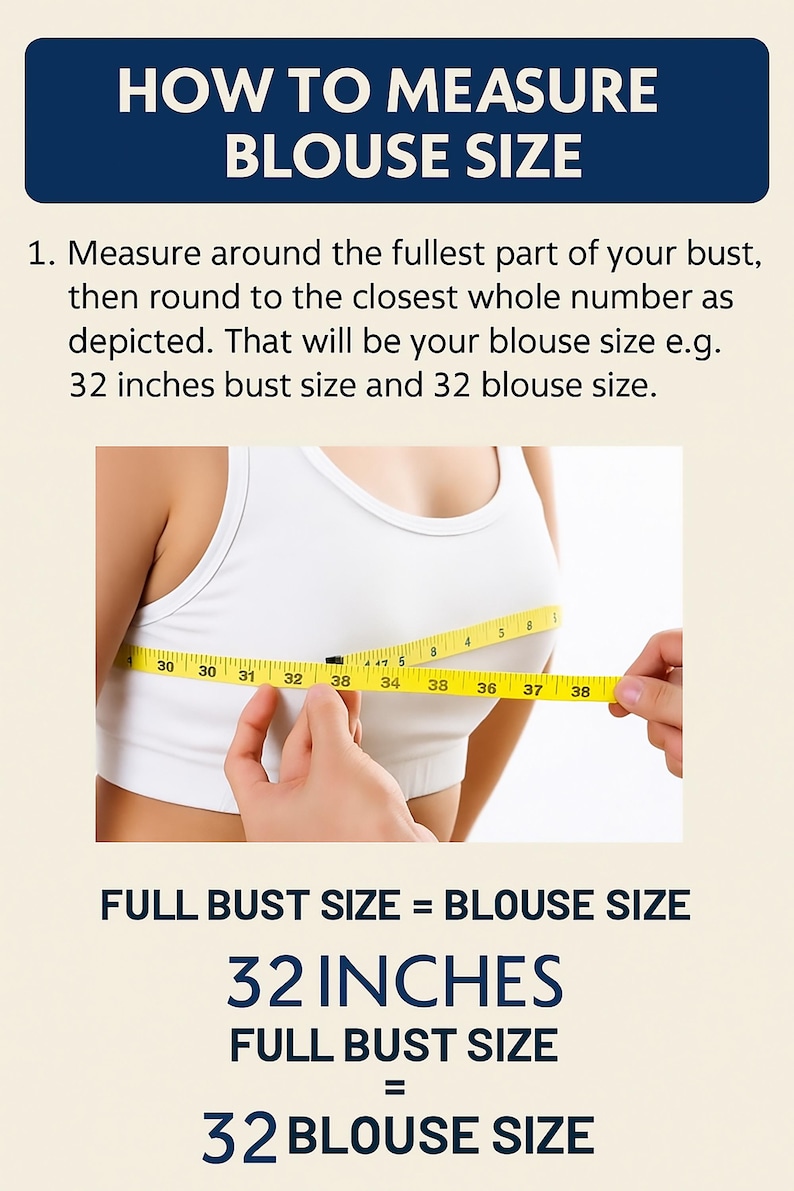 May include: Image showing how to measure blouse size. A yellow measuring tape is wrapped around the bust, with the text "32 inches" displayed. The text explains how to measure and determine blouse size.