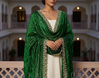 Emreald Green Embroidered dupatta with gold scalloped border wedding festive ethnic scarf lightweight sheer silk  lehenga, kurta wear