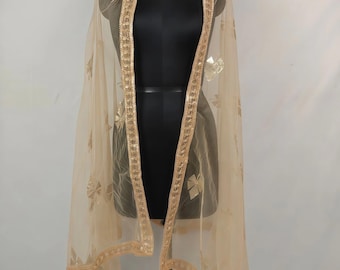 Gold Net Dupatta with Embroidered Border | Sequin Wedding Scarf for Bridal, Festive Indian Outfits, Ethnic Party, Sangeet, Reception