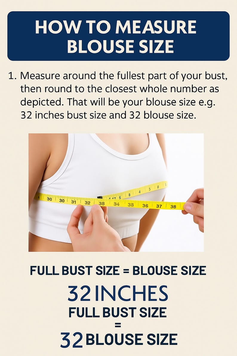 May include: Image showing instructions on how to measure blouse size. A person is shown with a measuring tape around their bust. The text reads: "Full bust size = blouse size. 32 inches full bust size = 32 blouse size."