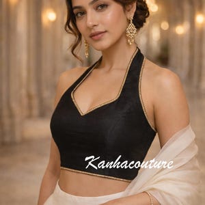 Halter Neck Saree Blouse in Blended Raw Silk, Made-to-Measure or Standard Sizes, Tie-Back Choli Top for Lehenga & Parties