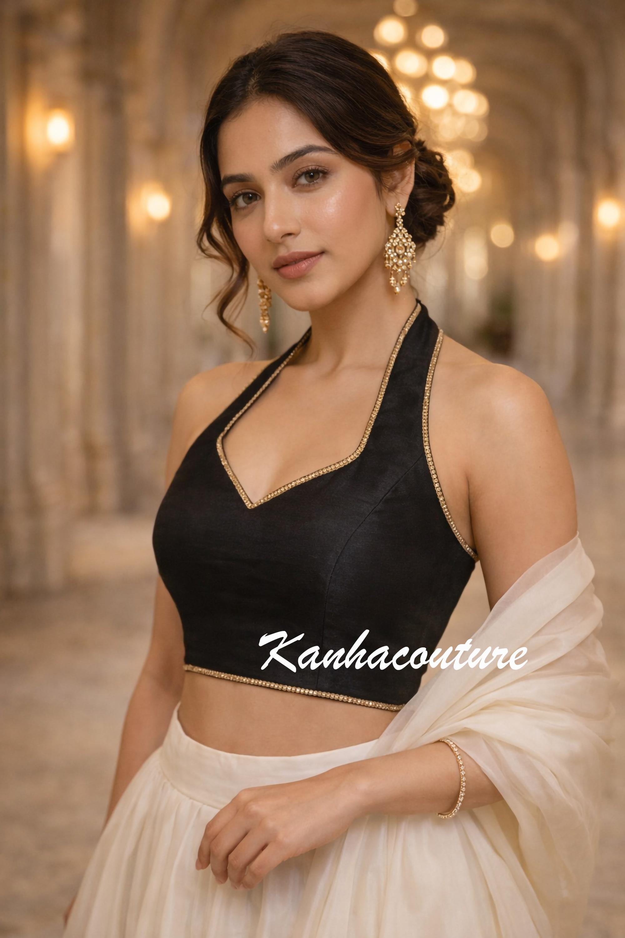 Halter Neck Saree Blouse in Blended Raw Silk, Made-to-measure or