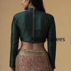 May include: A dark green, long-sleeved, cropped blouse with a gold zipper down the back. The blouse is worn over a red and gold patterned skirt.