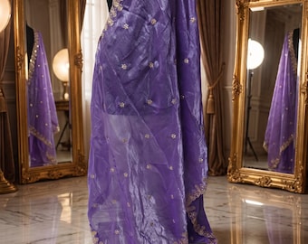 Dupatta de seda organza color púrpura orquídea, odhni con borde festoneado bordado en oro, chal para invitada de boda india, velo lehenga para dama de honor, chunni de 2,4 m