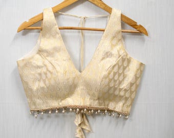 Golden White Brocade Blouse For Saree, Short Sleeve Readymade Blouse With Back Tie, Indian Ethnic Crop Top, Gift For Her, Wedding Wear