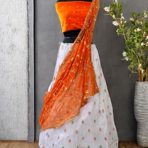 Custom Size White Orange Lehenga Choli Embroidered Indian Wedding Outfit Traditional Bridal Wear, Festive Ethnic Dress, Reception Party Wear