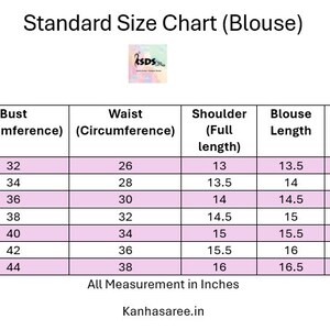 May include: A size chart for blouses with measurements in inches for bust, waist, shoulder, blouse length, and armhole circumference. The chart shows sizes 32 to 44.