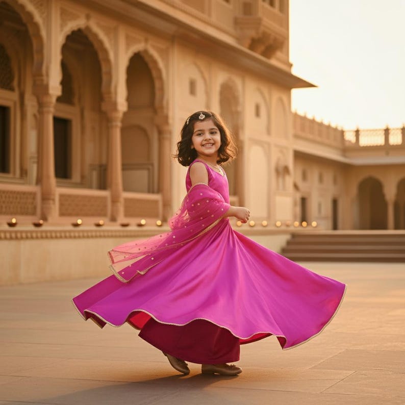 Puede incluir: Una ni&ntilde;a gira en un vibrante vestido fucsia con ribetes dorados. El vestido tiene una falda fluida y una bufanda a juego. Lleva un peque&ntilde;o adorno para la cabeza y zapatos dorados. El fondo presenta un edificio ornamentado con ventanas arqueadas.
