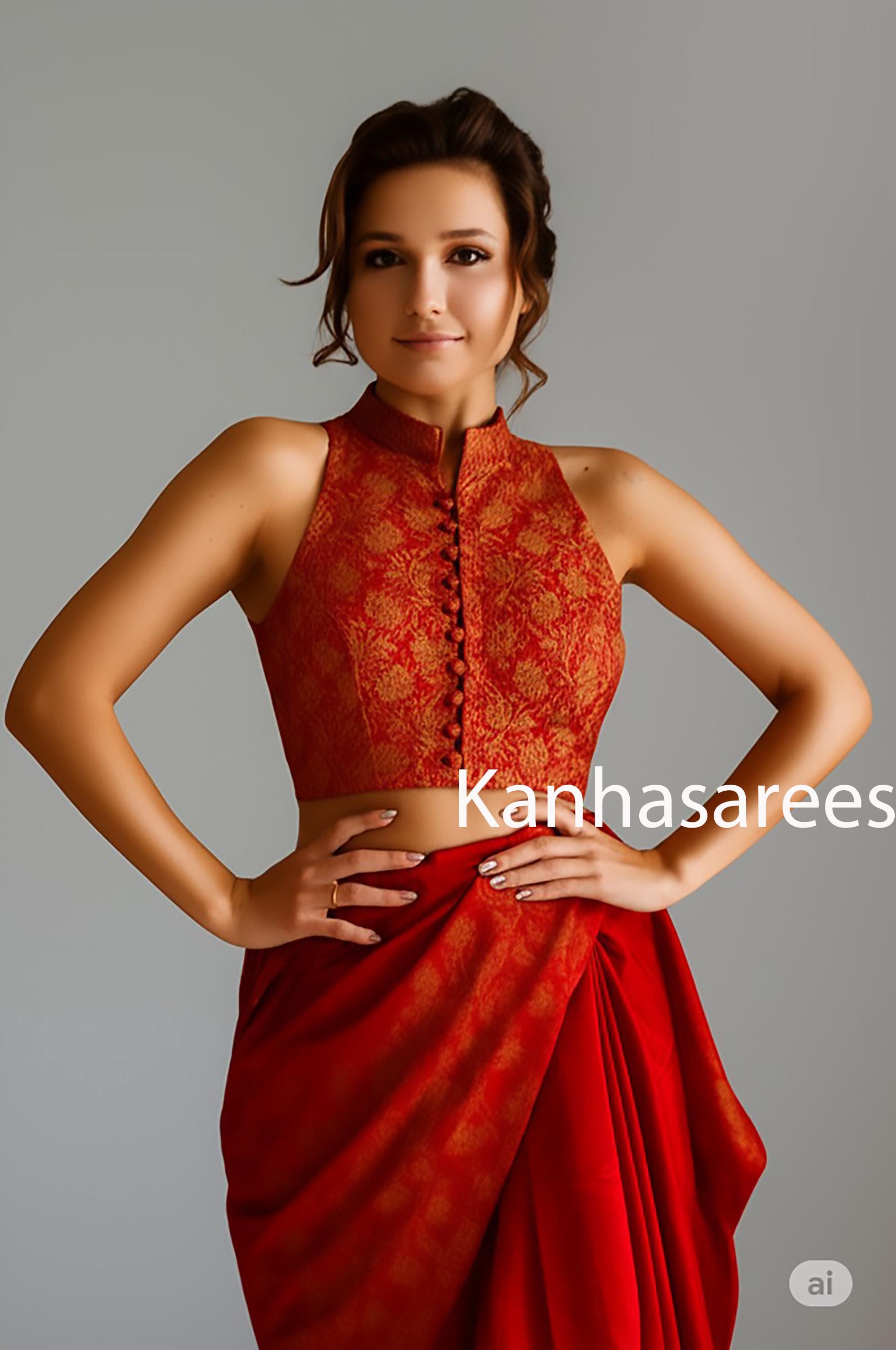 Brocade Sleeveless Blouse custom colour with Mandarin Collar Floral Gold Woven Design, Crop Style, Elegant Festive Top for Sarees  Lehengas