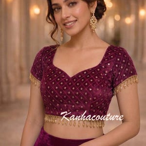 Purple Silk Mirror Work Blouse – Sweetheart Neck Designer Choli with Beaded Tassels