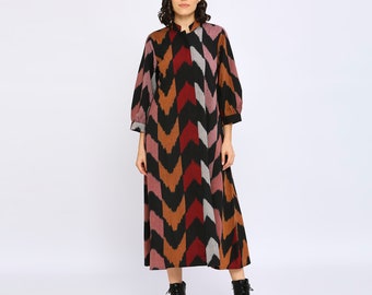 Ikat Dress, Cotton shirt dress, Boho jacket dress