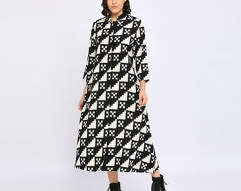 Ikat Dress, Cotton shirt dress, Boho jacket dress