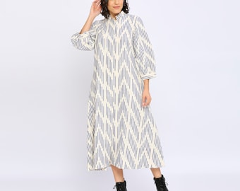 Ikat Dress, Cotton shirt dress, Boho jacket dress