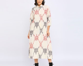 Ikat Dress, Cotton shirt dress, Boho jacket dress