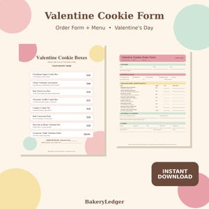 Pode incluir: Um conjunto de formulários de biscoitos para o Dia dos Namorados, incluindo um menu e um formulário de pedido com círculos em tons pastel. O menu lista itens como Sweetheart Sugar Cookie Box e Red Velvet Love Box com os respectivos preços.