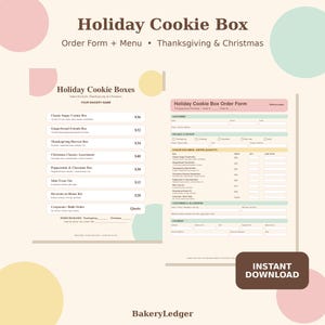 Pode incluir: Um modelo imprimível de formulário de pedido e menu para caixas de biscoitos de fim de ano, com seções para detalhes do cliente, retirada e uma lista de opções com preços. O documento inclui texto para pedidos de Ação de Graças e Natal.
