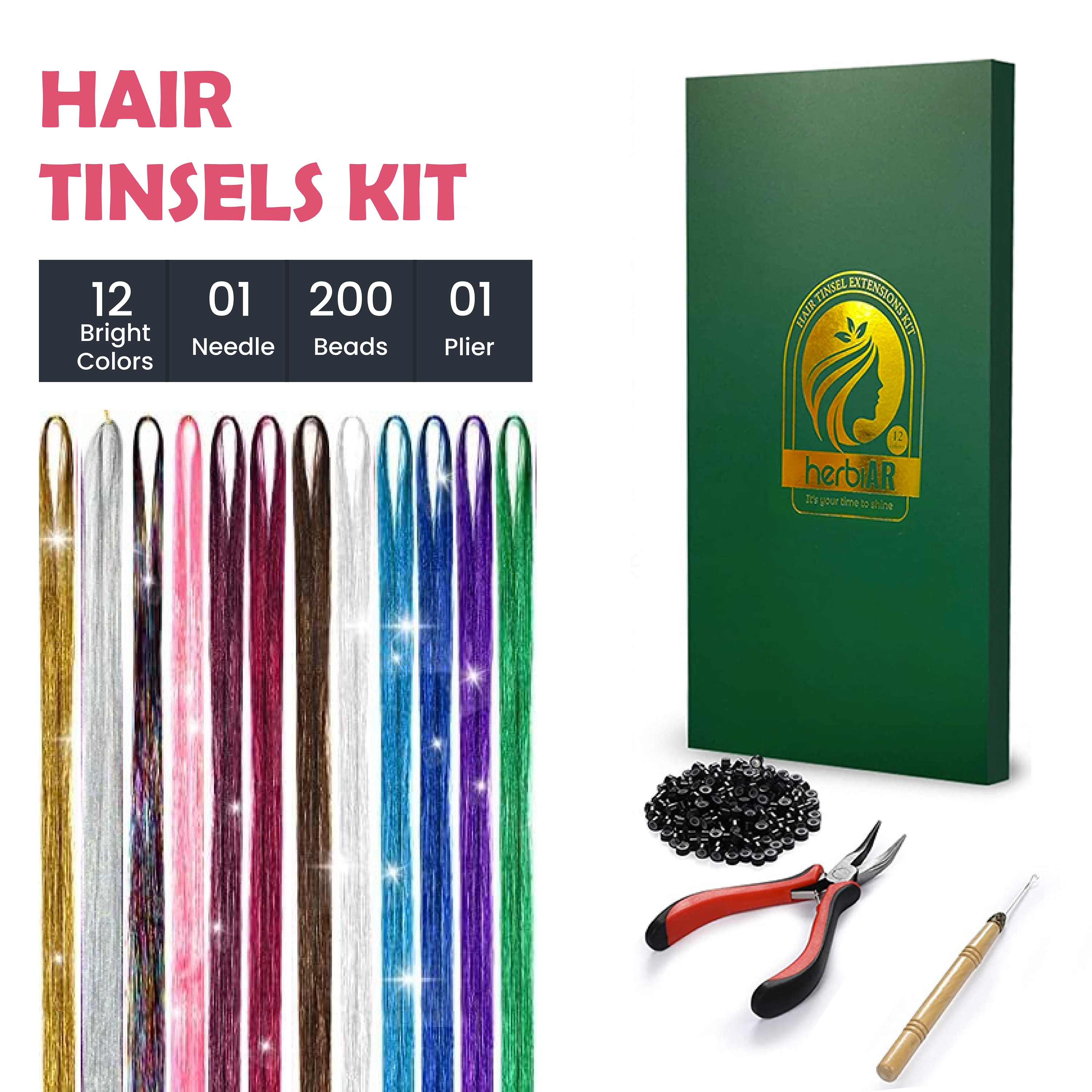 47 Inches Tinsel Hair Extensions Kit with Tool 12 Mixed Colors 2400 Strands  Glitter Sparkle Shiny Hairs Braider for Women Girls