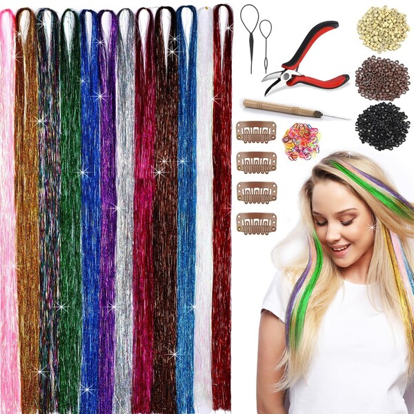 Fairy Hair Tinsel Kit 12 Colors 2400 Glitter Sparkle 47 Inches Strands with Tools for Girls and Women Parties Salons Quality | Herbiar