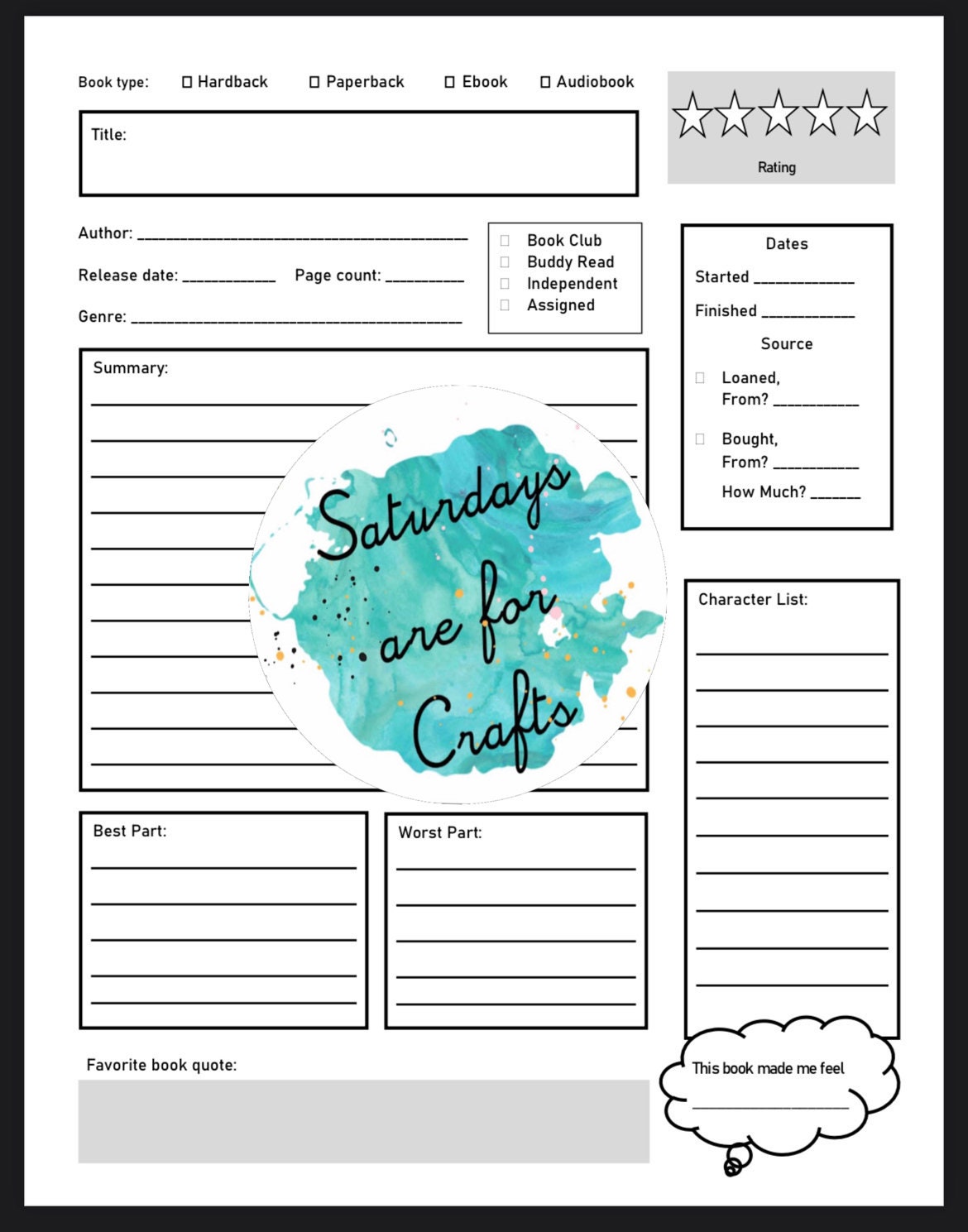 Book Summary Printable Template Worksheet Black/white - Etsy