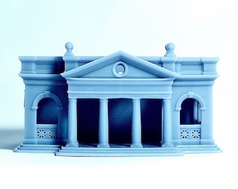 May include: A light blue 3D printed model of a small classical building with a rounded roof, four columns, and a circular window.