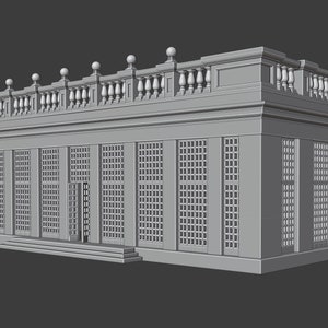 May include: A gray 3D model of a classical building with a balcony and large windows. The building has a rectangular shape and a flat roof. The balcony is decorated with a railing and a series of small, round pillars.