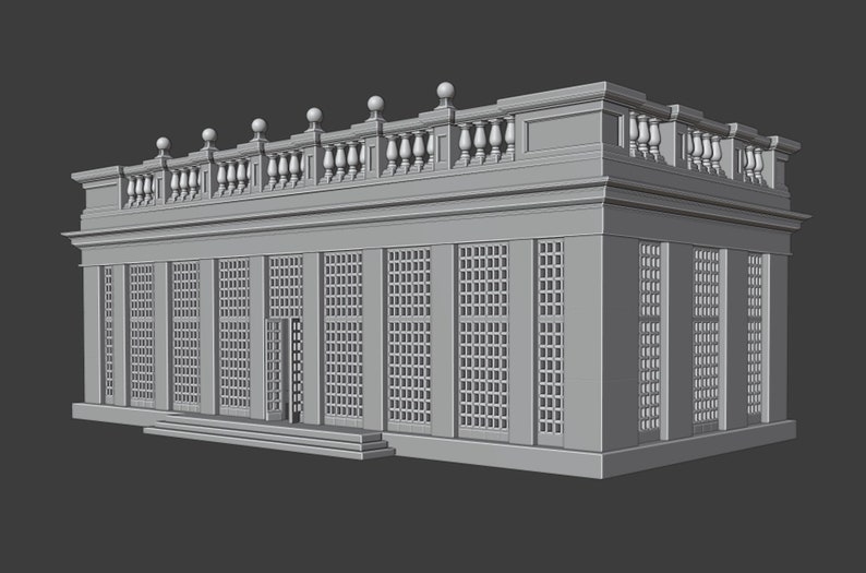 May include: A gray 3D model of a classical building with a balcony and large windows. The building has a rectangular shape and a flat roof. The balcony is decorated with a railing and a series of small, round pillars.