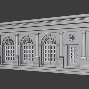 K&ouml;nnte beinhalten: Ein 3D-Modell eines Geb&auml;udes im klassischen Stil. Das Geb&auml;ude hat ein Flachdach, eine Reihe von Bogenfenstern und S&auml;ulen entlang der Vorderfassade.