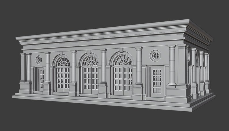 K&ouml;nnte beinhalten: Ein 3D-Modell eines Geb&auml;udes im klassischen Stil. Das Geb&auml;ude hat ein Flachdach, eine Reihe von Bogenfenstern und S&auml;ulen entlang der Vorderfassade.