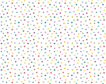 May include: A white background with a repeating pattern of small, colourful dots. The dots are in various shades of blue, green, yellow, pink, and red.