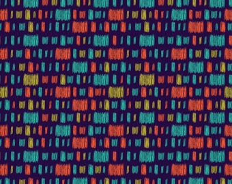 Könnte beinhalten: Ein nahtloses Muster mit dunkelblauem Hintergrund und einem sich wiederholenden Muster aus kleinen, bunten Rechtecken. Die Rechtecke sind in Orange-, Gelb- und Blautönen gehalten.